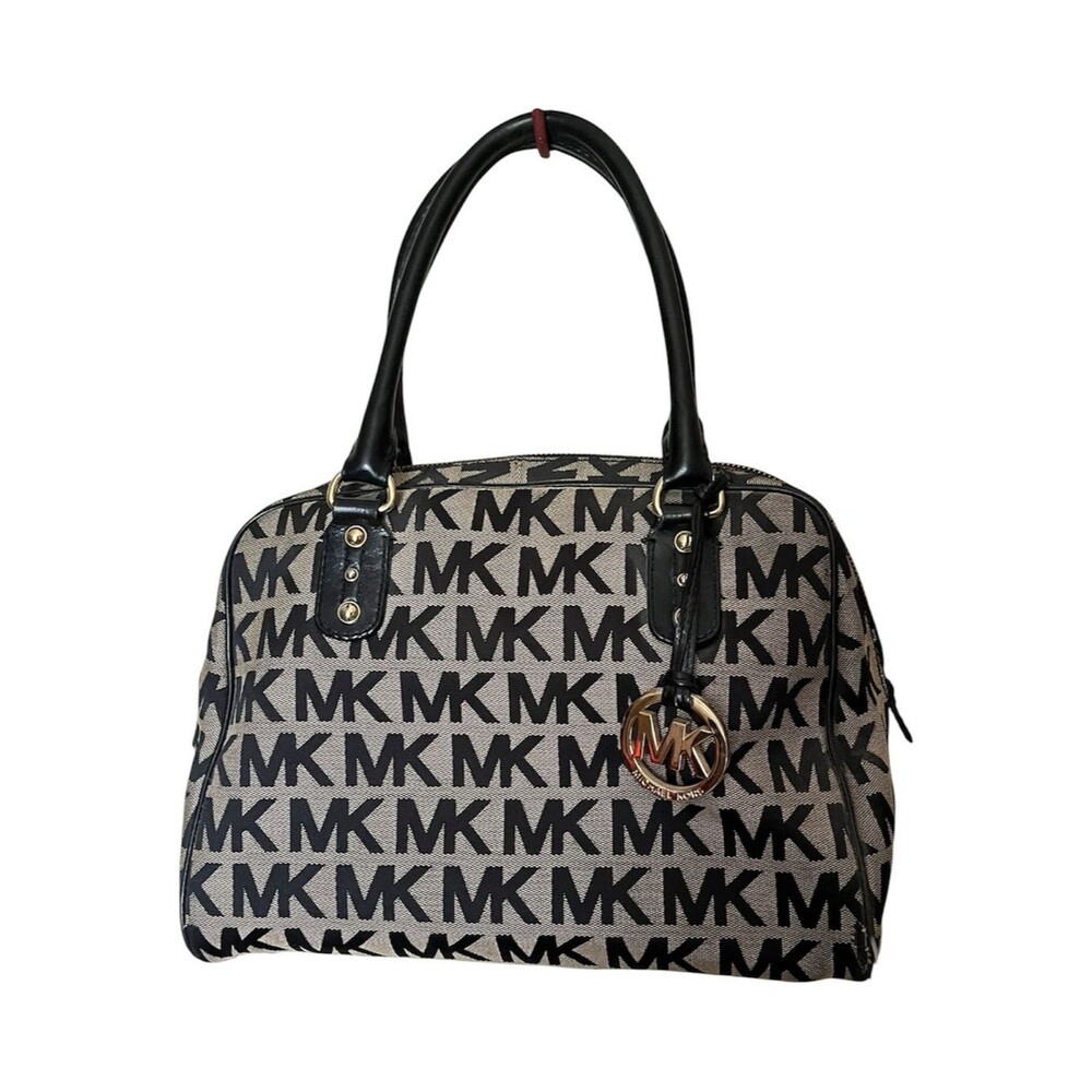 Michael Kors Signature Dome Satchel Bag Purse Black/Grey Monogram Canvas **FLAW